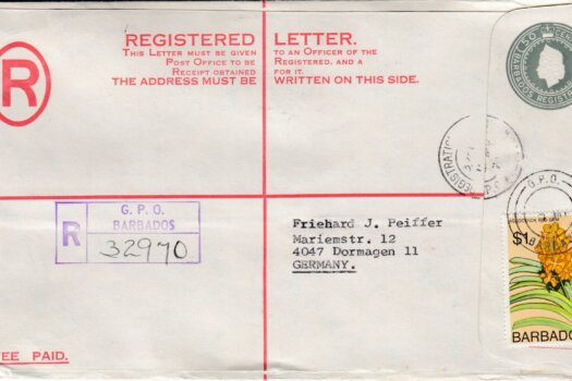 Barbados Registered letter to Germany - 50c Registered uprated with $1 stamp. GPO postmark