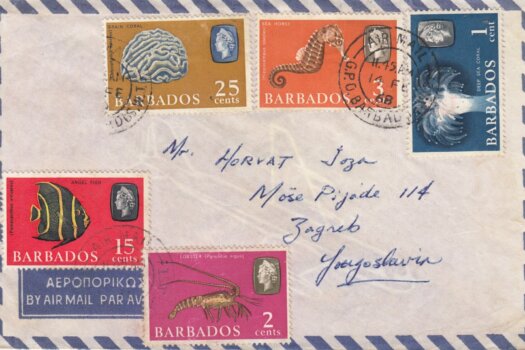 Barbados cover 1968 showing 1c Deep Sea Coral and 2c Lobster stamps as make up rate on letter to Yugoslavia