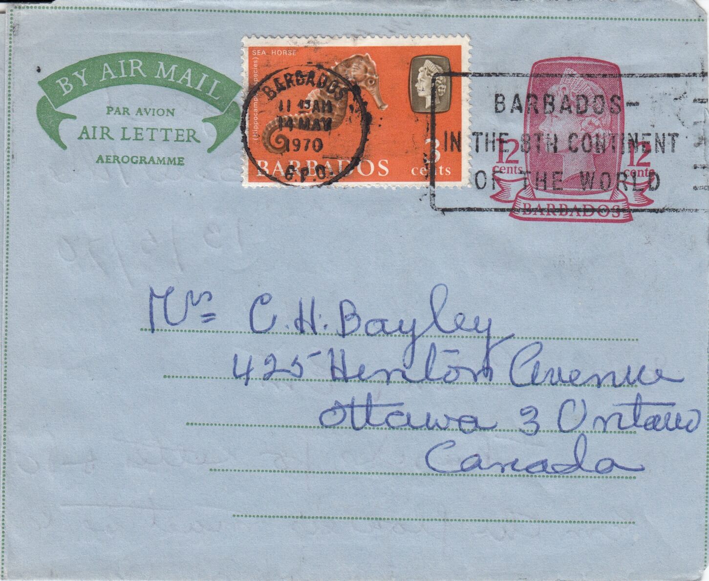 Barbados Aerogramme with slogan cancel "Barbados - in the 8th continent of the world"