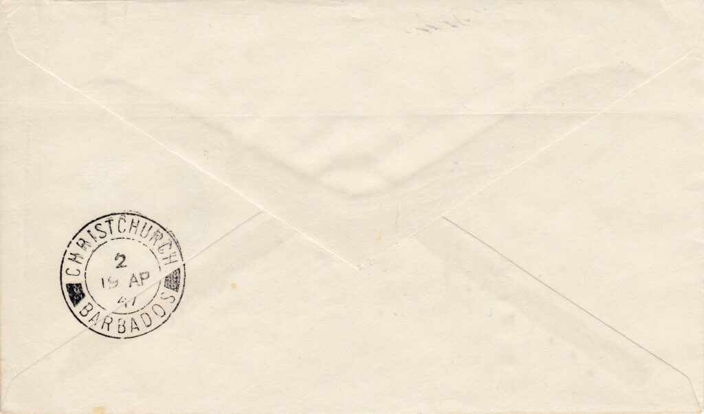Reverse of Barbados 2d bisected on local cover to Christ Church with Christchurch cancel 19th April 1947
