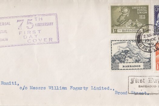 Barbados 1949 UPU FDC on plain cover with rubber handstamps