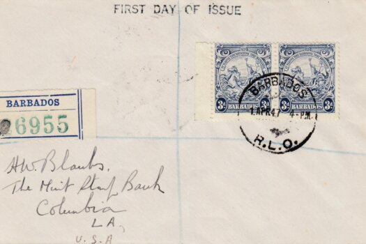Barbados 1947 3d Blue SG252c FDC on plain cover