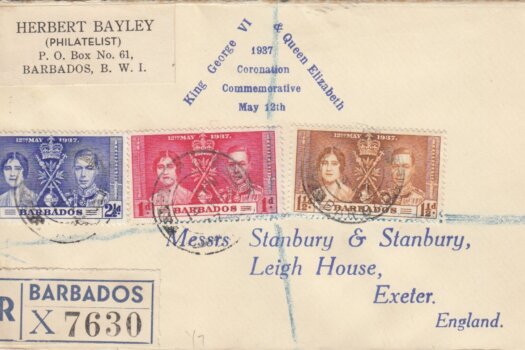 Coronation 1937 Barbados FDC - H Bayley Cover