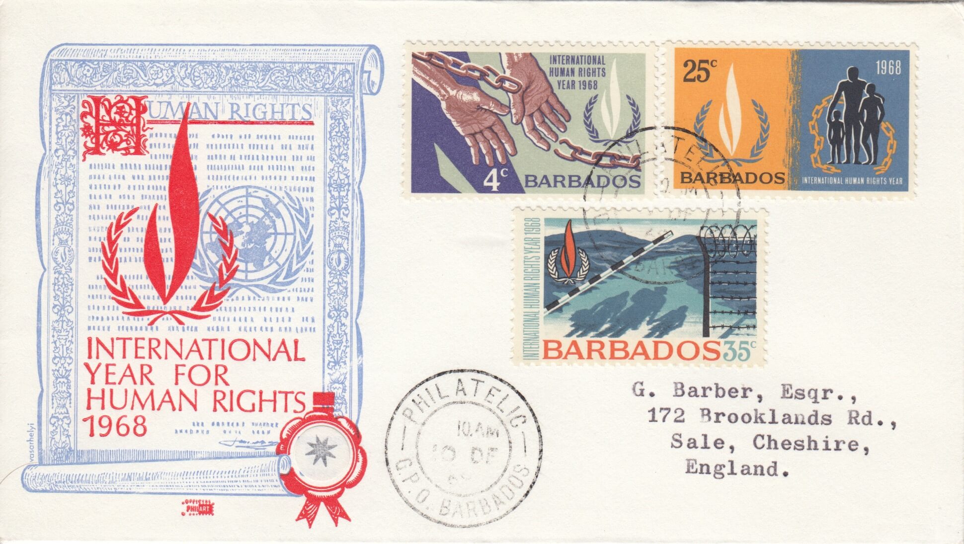 Barbados 1968 International Year for Human Rights FDC - illustrated cover