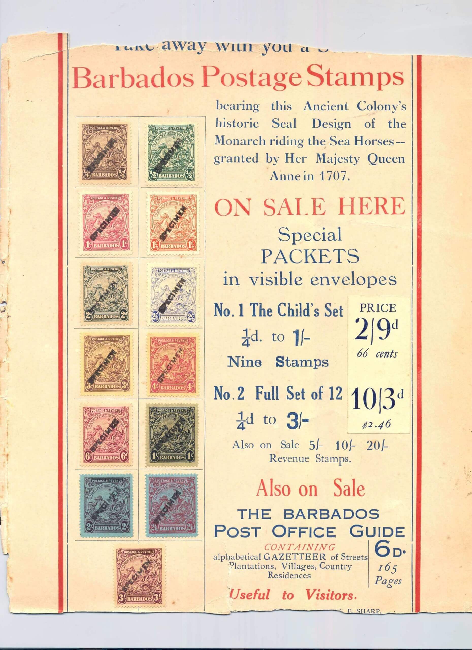 Barbados Stamps specimen stamps advertisement