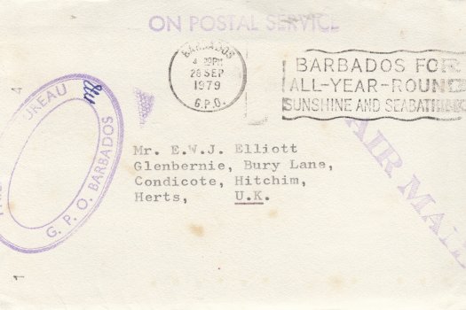 1979 'freepost' philatelic cover to UK from Barbados