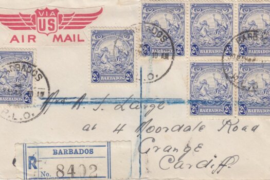 Barbados 1946 Registered letter to Cardiff at 1/5½d rate