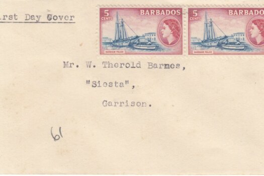 Barbados 1954 FDC 5c pair on plain cover addressed locally but stamps not cancelled or tied to cover