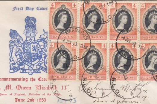 Barbados 1953 FDC Coronation of QEII 8 x 4d on commemorative cover