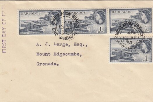 Barbados 1953 FDC 4 x 1c on plain cover to Grenada