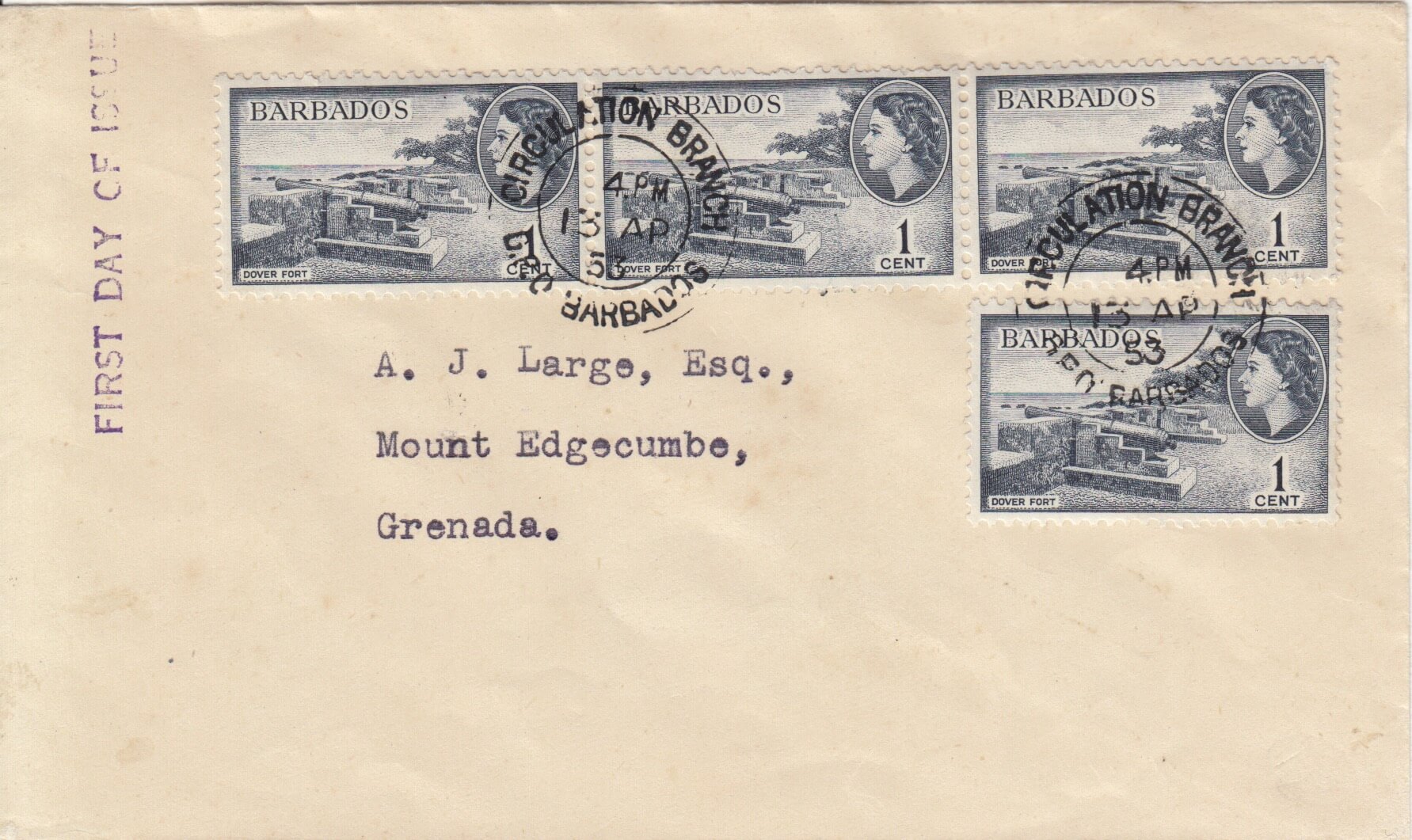 Barbados 1953 FDC 4 x 1c on plain cover to Grenada