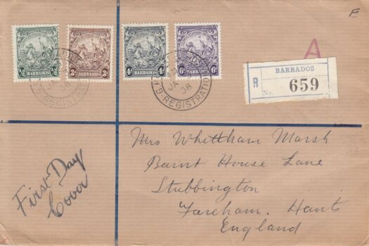 Barbados 1938 definitives ½d, 3d, 4d & 6d on plain FDC