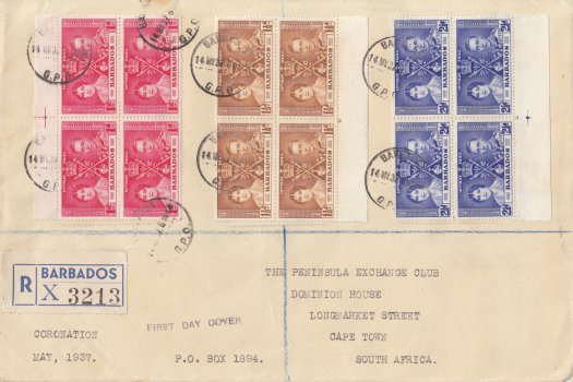 Coronation 1937 blocks of four on large FDC