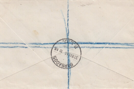 Reverse of Barbados 1946 Registered letter to Cardiff at 1/5½d rate