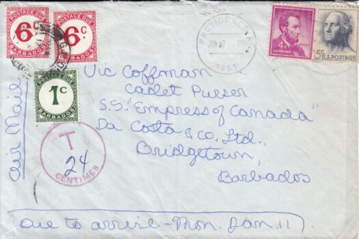 Barbados Postage Due cover inbound fro USA