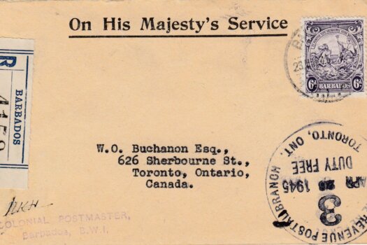 Barbados 6d Registered letter to Toronto, Canada 1945