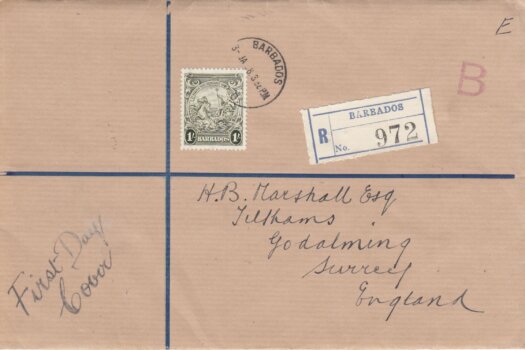 Barbados 1938 1/- Olive Green SG255 FDC on plain cover