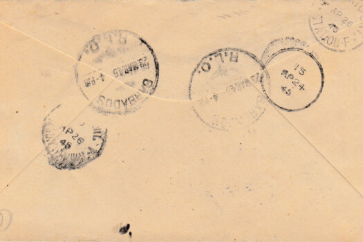 Reverse of Barbados 6d Registered letter to Toronto, Canada 1945