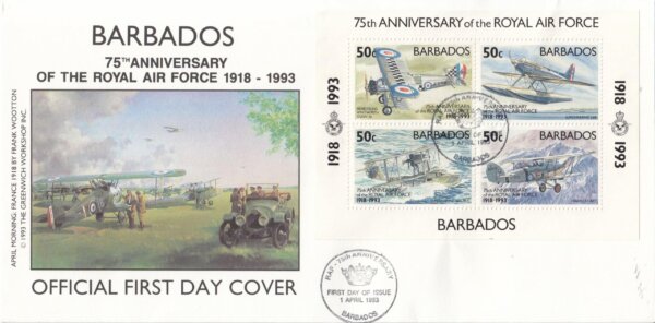 Barbados 1993 75th Anniversary of the Royal Air Force Souvenir Sheet FDC