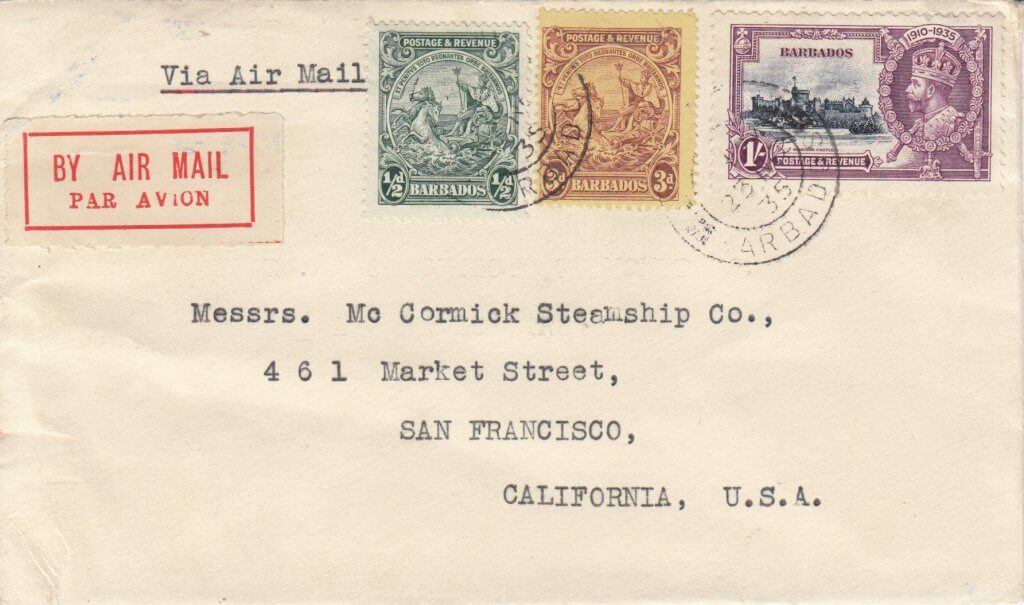 Cover from Barbados to San Francisco in 1935 paying 1/3½d rate.