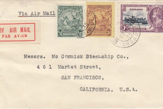 Cover from Barbados to San Francisco in 1935 paying 1/3½d rate.