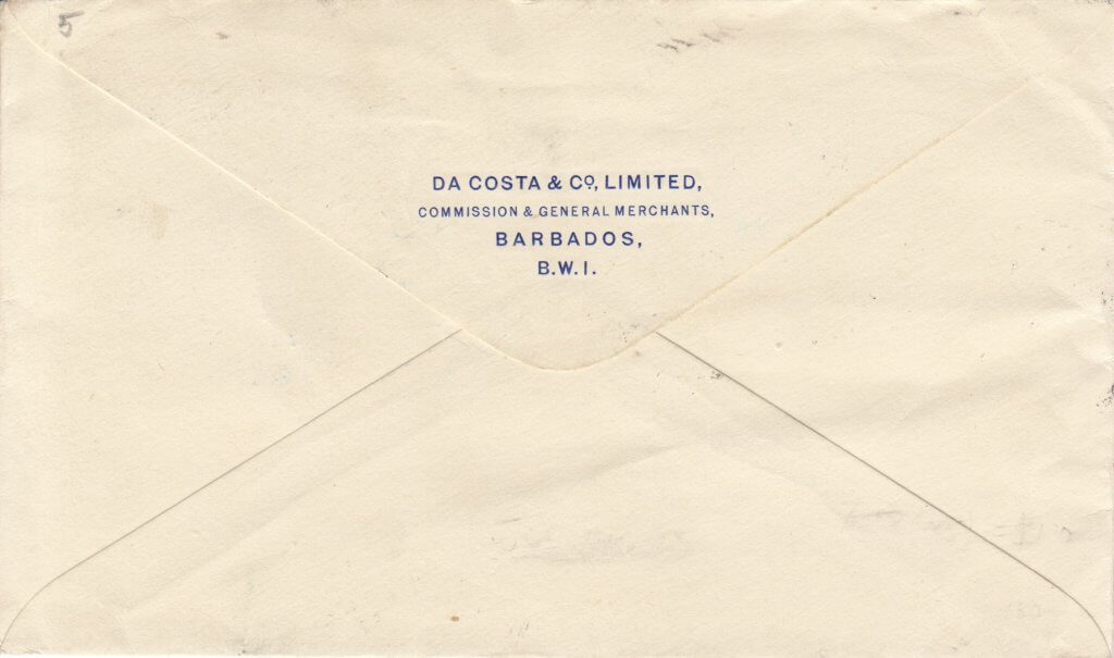 Reverse of Cover from Barbados to San Francisco in 1935 paying 1/3½d rate.