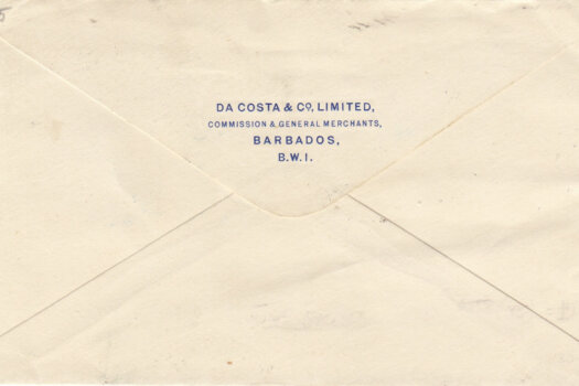 Reverse of Cover from Barbados to San Francisco in 1935 paying 1/3½d rate.