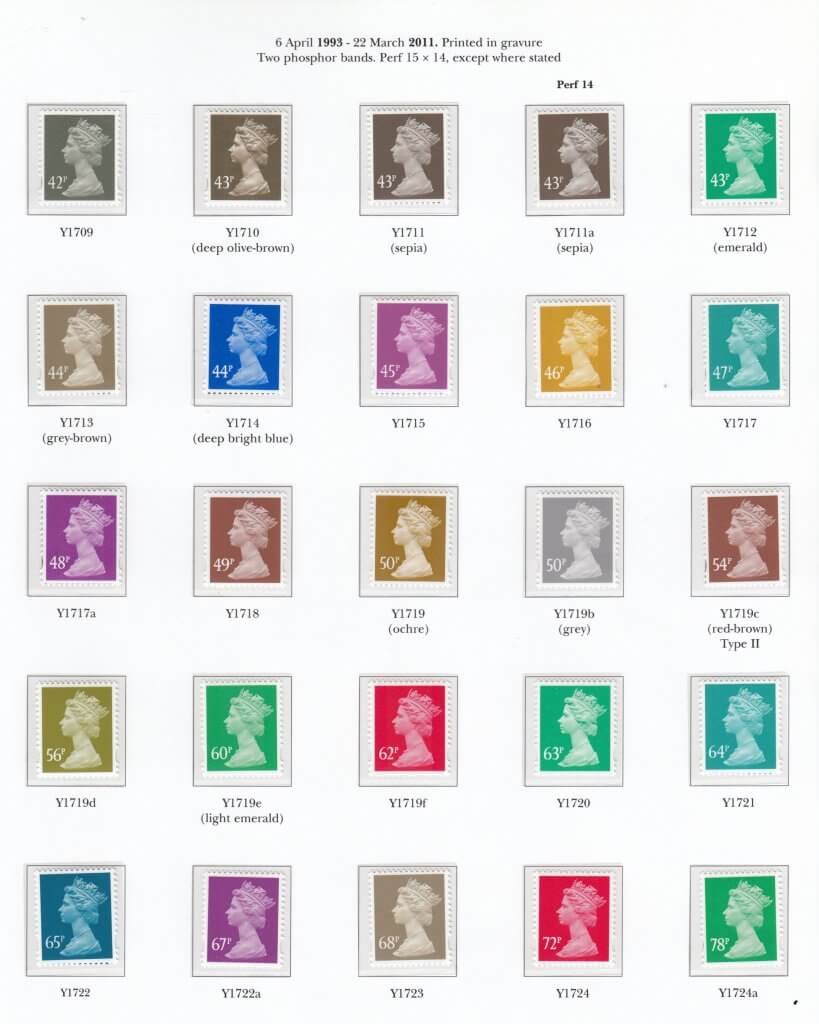 A page of UK Machin stamps 