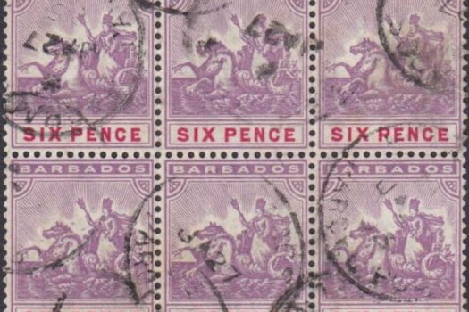 Barbados SG141 6d in a block of 12 paying a 6/- rate and cancelled with Barbados Parcel Post CDS