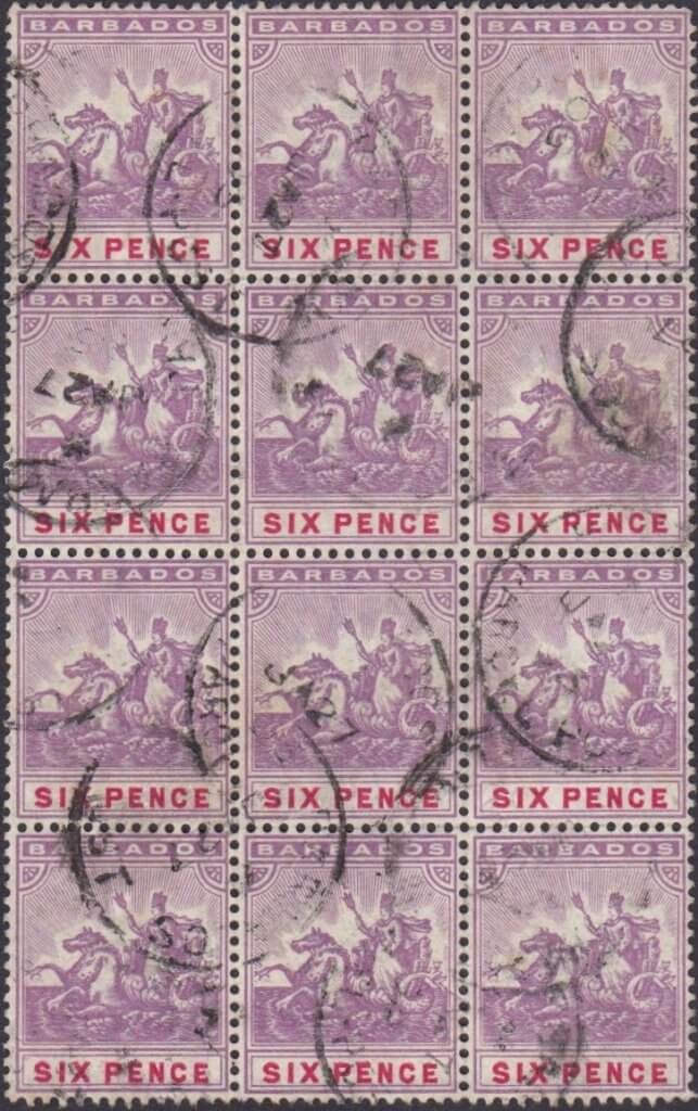 Barbados SG141 6d in a block of 12 paying a 6/- rate and cancelled with Barbados Parcel Post CDS