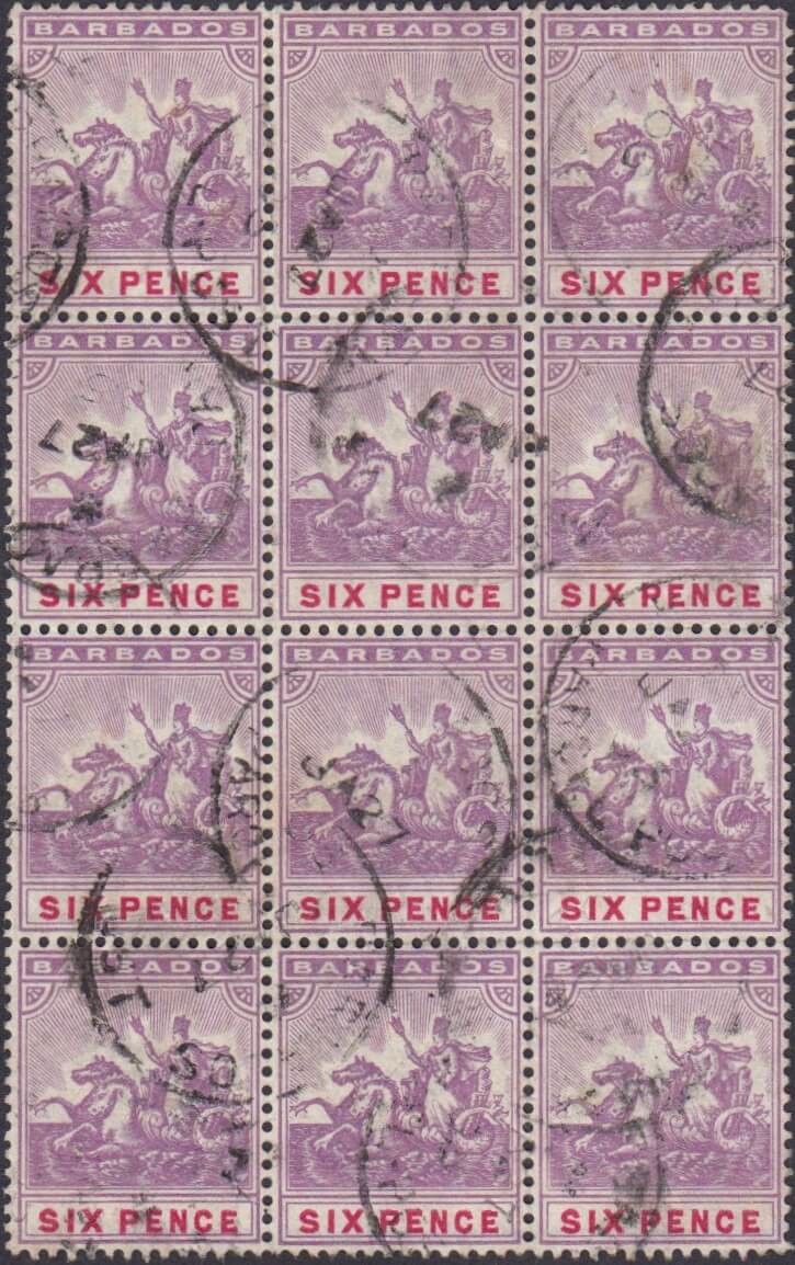 Barbados SG141 6d in a block of 12 paying a 6/- rate and cancelled with Barbados Parcel Post CDS