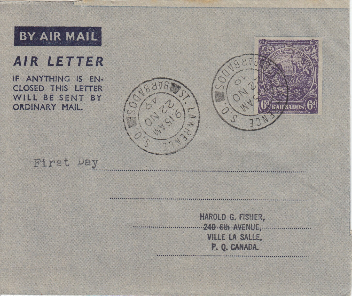 Barbados Air Mail Air Letter - FDC St Lawrence S.O. 22 NO 49