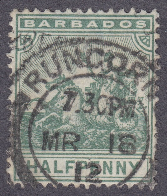 Barbados stamp used abroad - Runcorn cancel 7.30pm MR 18 1912