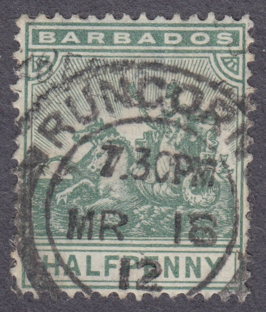 Barbados stamp used abroad - Runcorn cancel 7.30pm MR 18 1912