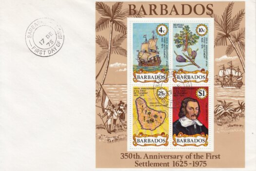 Barbados 1975 350th Anniversary of First Settlement Mini Sheet FDC - Plain Cover