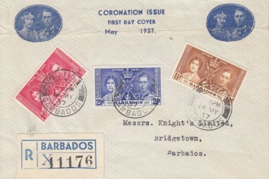 Coronation 1937 Barbados FDC - on pre printed cover