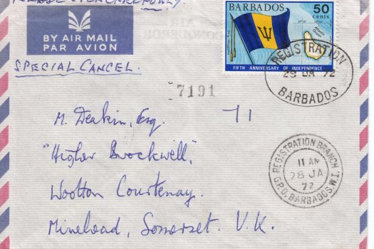 Barbados Air Mail cover with Registration Branch cancel