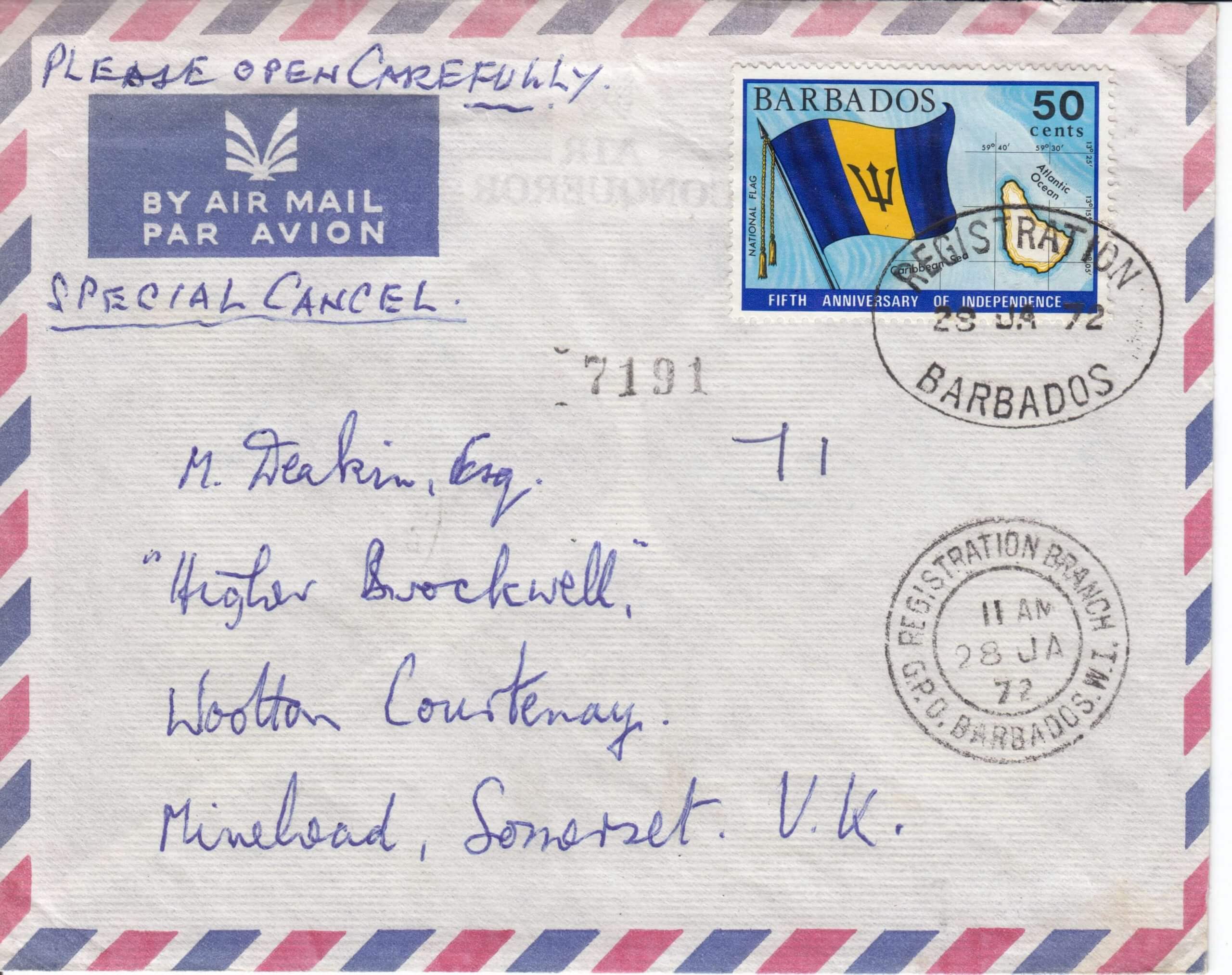 Barbados Air Mail cover with Registration Branch cancel