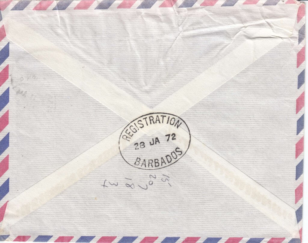 Barbados Air Mail cover with Registration Branch cancel - reverse