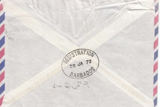 Barbados Air Mail cover with Registration Branch cancel - reverse