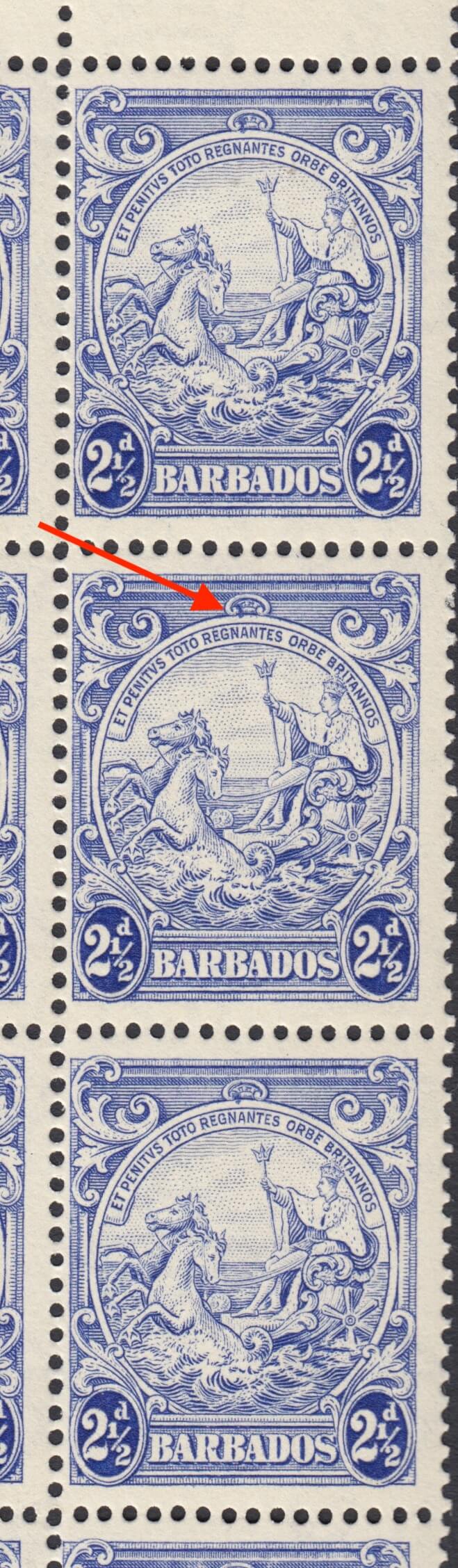 Barbados SG251a column with Mark on Central Ornament flaw