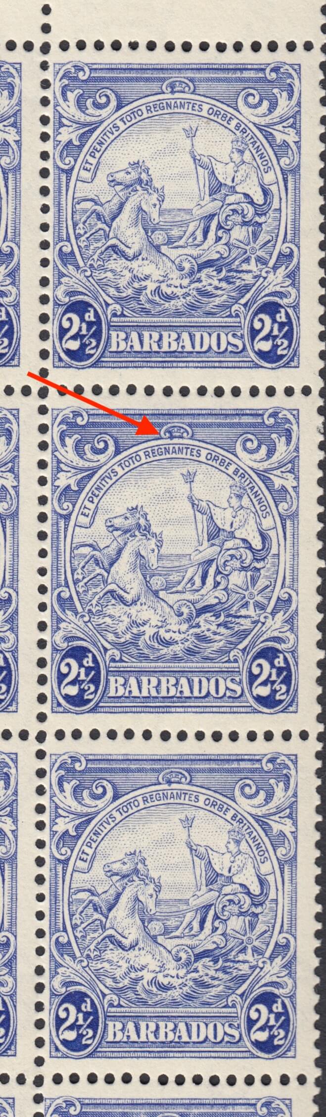 Barbados SG251a column with Mark on Central Ornament flaw