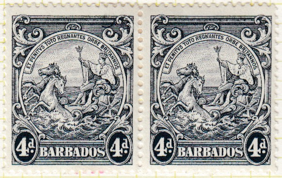 Barbados SG253b 4d Black Curved Line at top right flaw 