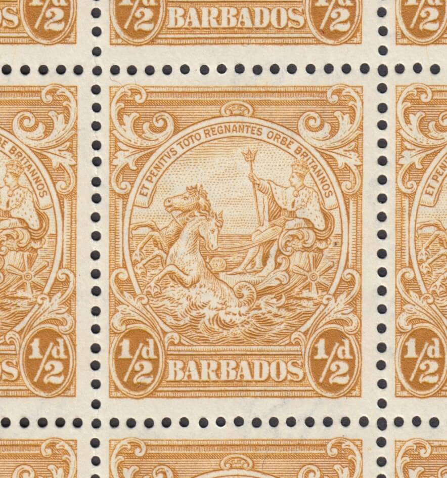 Block of Barbados SG248 with SG248cb Recut Line Flaw