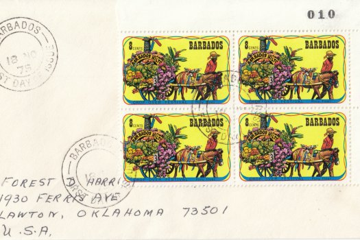 Barbados 1975 | Crop Over Festival Block of Four with plate numbers on plain FDC - 8c