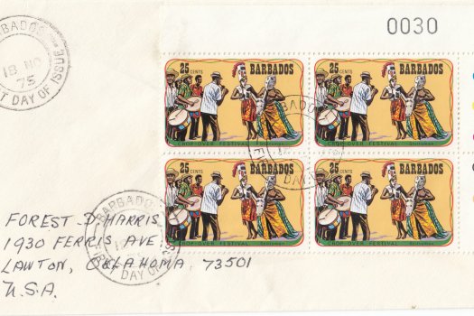 Barbados 1975 | Crop Over Festival Block of Four with plate numbers on plain FDC - 25c