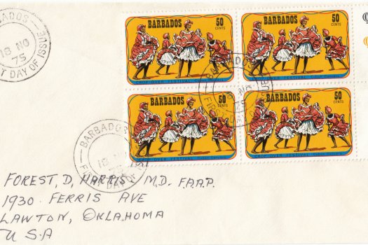 Barbados 1975 | Crop Over Festival Block of Four with plate numbers on plain FDC - 50c
