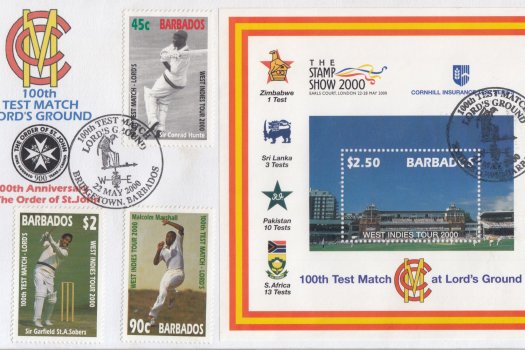 Barbados 2000 | West Indies Cricket Tour and 100th Test Match at Lords Souvenir Sheet plus stamps FDC