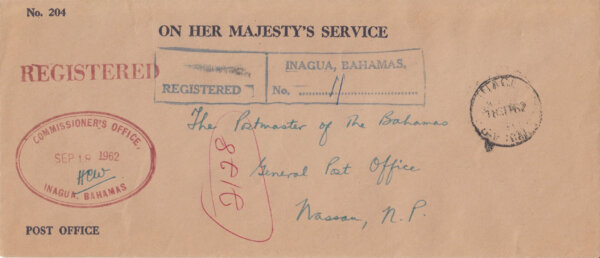 Bahamas 1962 | OHMS Registered cover from Commissioners Office Inagua with CDS