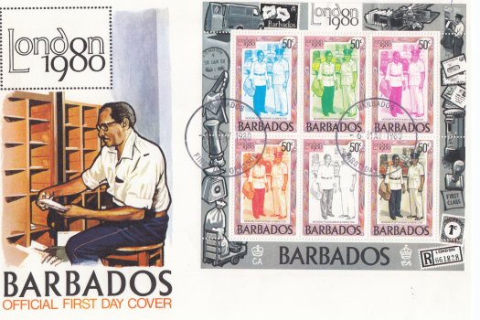 Barbados 1980 | London 1980 International Stamp Exhibition Souvenir Sheet FDC (50c value)